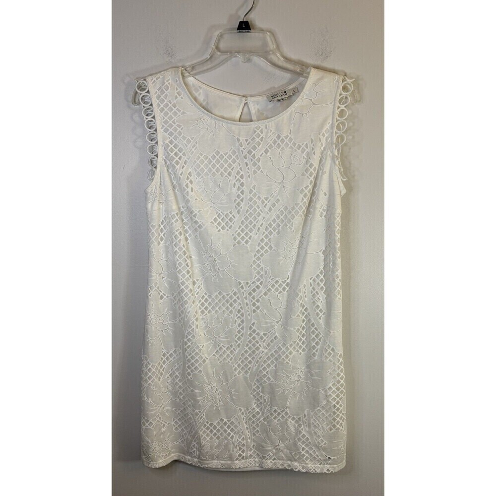 MOLLY BRACKEN White Floral Sheath Dress Sleeveless Women Large Overlay Lined Zip